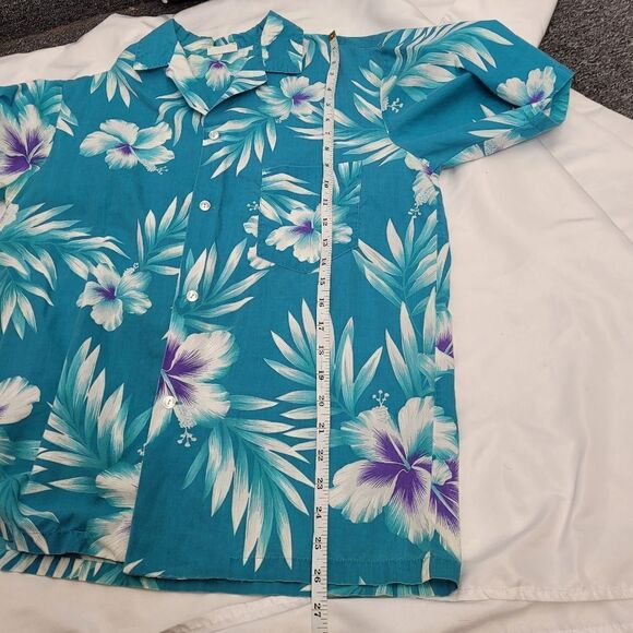VINTAGE 70s Aikane Hawaii teal floral hibiscus button up shirt S‎ - Picture 7 of 7